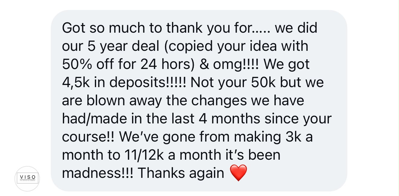 Real client message from VISO The Aesthetics Company thanking Sophia for mentorship results